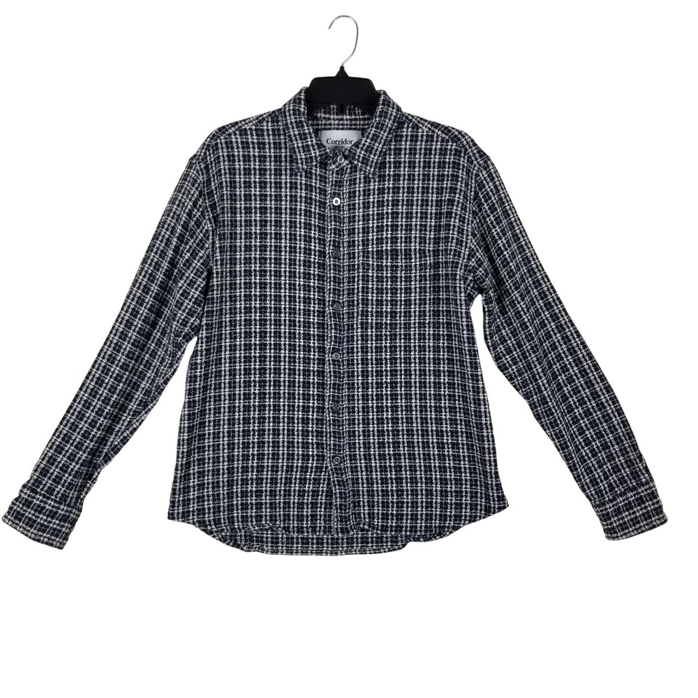 Corridor Button Down Shirt Mens Medium Blue White Plaid Textured Cotton 104s